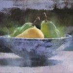 Douglas Fryer, Pears and Blue Bowl, oil, 9 x 15.