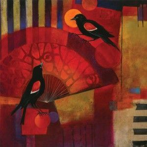 Deborah M. Russell, Red-Winged Blackbirds/Fanscape, acrylic/collage, 24 x 24.