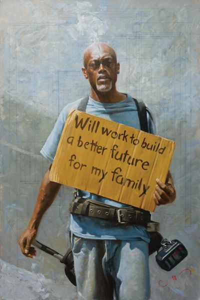Mike Wimmer, Praying This Works, oil, 60 x 48. Will Work for a Better Future for my Family, oil, 36 x 24. 