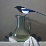 Sarah Siltala, Magpie and Water Pitcher, oil, 20 x 16.