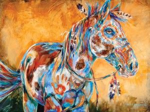 Carol Hagan, Blue Eagle’s War Pony, oil, 36 x 48. 