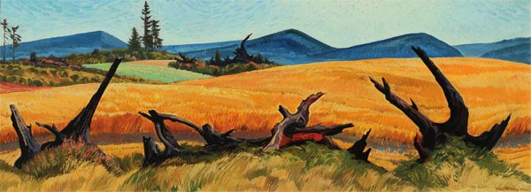 Ray Strong, Wheat Field and Burned Stumps, 1952, oil on Masonite, 18 x 48. Courtesy of Diana Manthe.