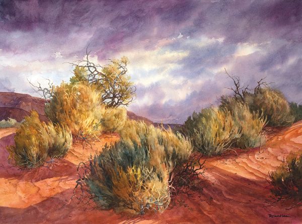Roland Lee, Desert Tempest, watercolor, 21 x 29.