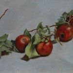 Linda Tracey Brandon, Six Apples on a Scratched Surface, oil, 12 x 24.