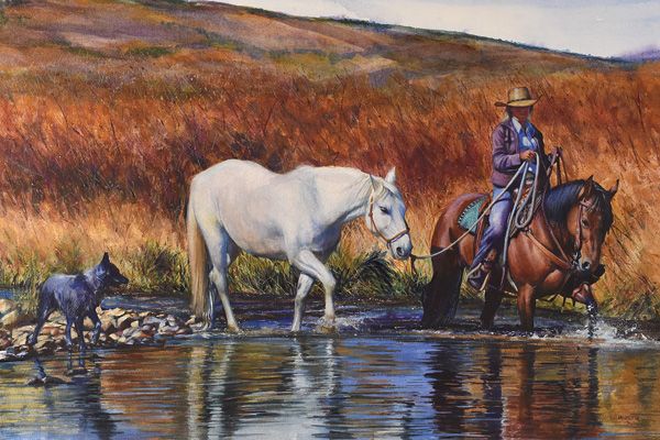 John Fawcett, Crossing Willow Creek, watercolor, 16 x 26.