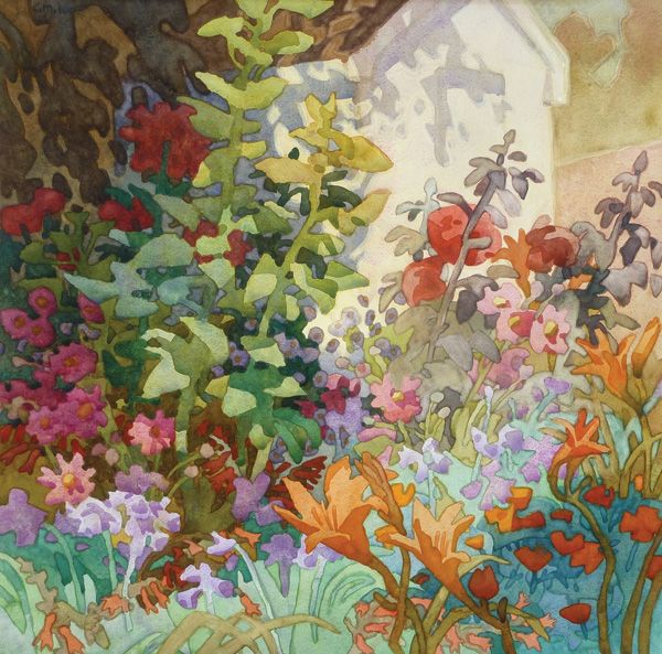 Carolyn Lord, Garden Afternoon, watercolor, 20 x 20.