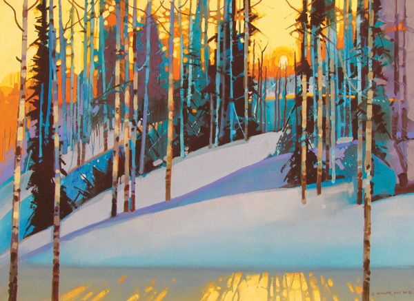 Stephen Quiller, Flickering Late Light Along the Ridge Trail, water media, 22 x 30.