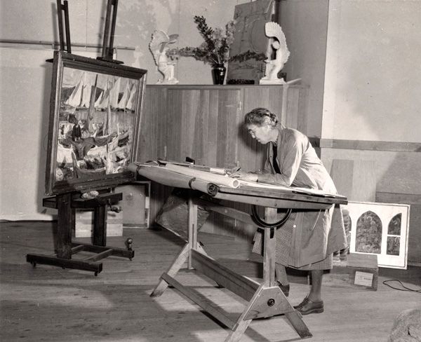 E. Charlton Fortune in her studio at Portsmouth Priory, Rhode Island, c. 1950. Photographer unknown. Photograph courtesy of James R. Fortune.