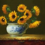 Catherine Dzialo-Haller, Sunflowers in Chamber Pot, oil, 20 x 24.