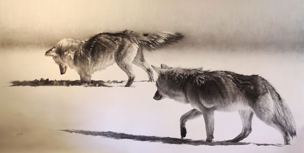 Cole Johnson, Coyotes Hunting, charcoal, 48 x 96. 