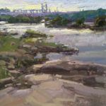 Alison Menke, Twinkling Light on the River, oil, 12 x 12.