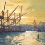 Richard Boyer, Seattle Harbor, oil, 24 x 24.