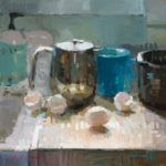Aimee Erickson, Kitchen Counter Blue, oil, 12 x 12.