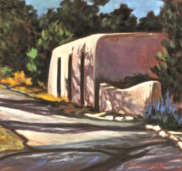 Cheri Ginsburg, House at the Bend in the Road, pastel, 12 x 12.