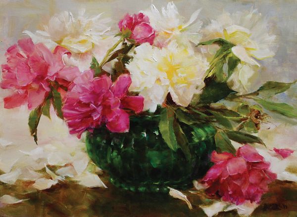 Kathy Anderson, Peonies in Green Glass, oil, 12 x 16.