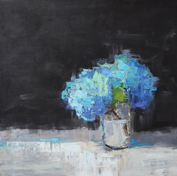 Barbara Flowers, Blue Hydrangeas, oil, 40 x 40.