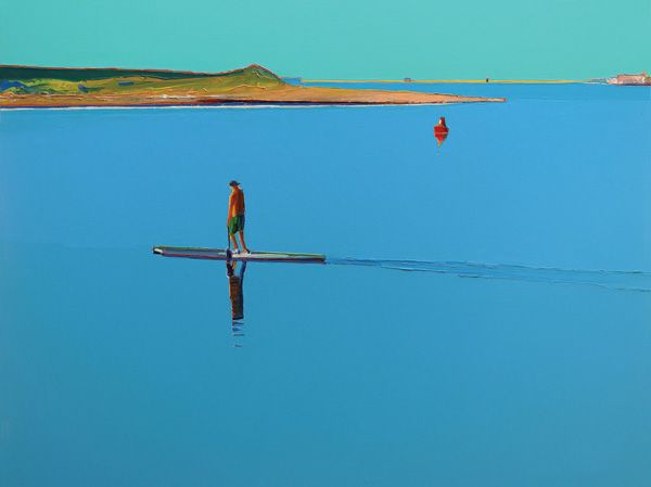 Timothy Mulligan, Paddleboarder, Morro Bay, acrylic, 20 x 40.