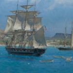 Christopher Blossom, U.S. Ship ‘Dale’ Coming to Anchor at La Paz, Baja California, 1847, oil, 20 x 34.