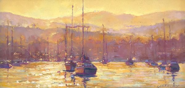 Lisa Skelly, Golden Harbor, pastel, 6 x 12. 