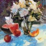 Robert Moore, Floral With Melon, oil, 12 x 12.