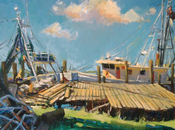 Katie Dobson Cundiff, Fernandina Boat Docks, oil, 24 x 36.