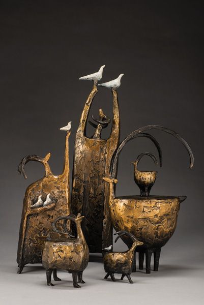 JIll Shwaiko, Row 1: Laughing Family Member, bronze, h6. Mini on a Mission, bronze, h4.  Row 2: Releasing the Birds, bronze, h13. Raising Up, bronze, h13.  Row 3: Releasing the Birds, bronze, h18. 