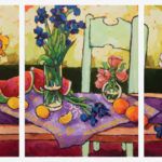 Angus, Groupings of Flowers on Long Table (Two-cloth Series), acrylic, 24 x 54.