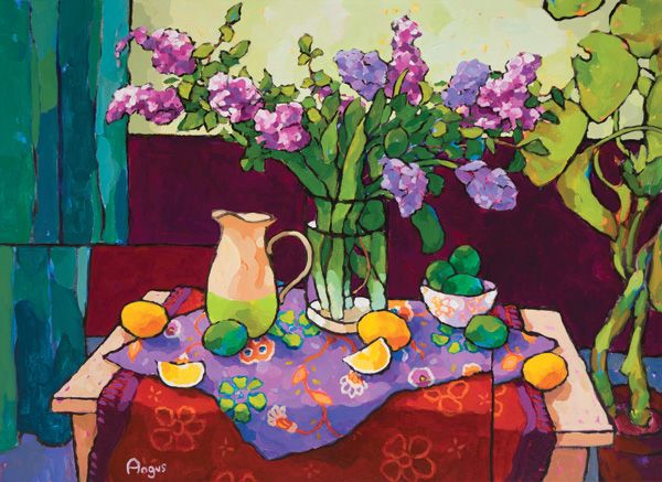 Angus, Hyacinth, Limes, & Lemons Over Purple and Red (Two-cloth series), acrylic, 30 x 40.