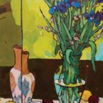 Angus, Tall Blue Irises With Lemons & Plums, acrylic, 40 x 20.