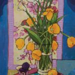 Angus, Tulips & Lilies Over Cranes, acrylic, 36 x 18.