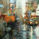 Mark Laguë, Manhattan Orange Umbrella, oil, 48 x 36.