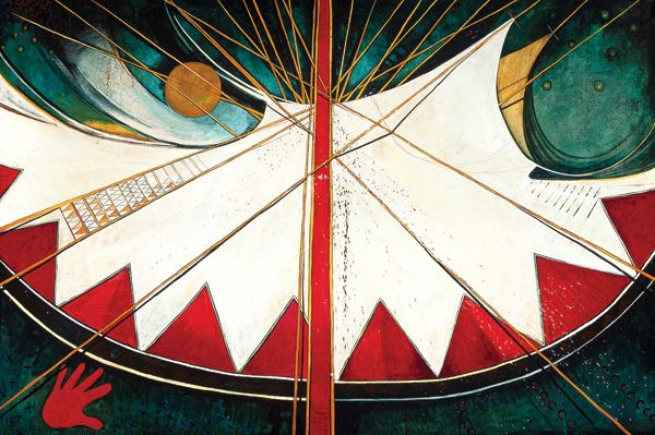 Kevin Red Star, Pretty Shawl’s Red Mountain Tipi, acrylic, 48 x 72. 