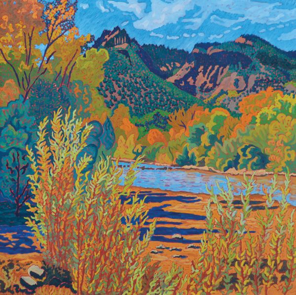 Kathleen Frank, Trails End at the Rio Grande, oil, 42 x 42.