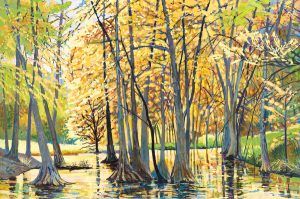 Jane K. Starks, East Fork Frio River, Autumn, 2013, gouache/watercolor, 27 x 41.