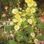 Kathy Anderson, Hollyhocks and New Dawn Roses, oil, 30 x 20.