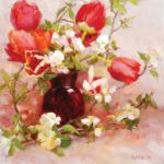Kathy Anderson, Red Spring With Ruby and Tulips, oil, 16 x 15.