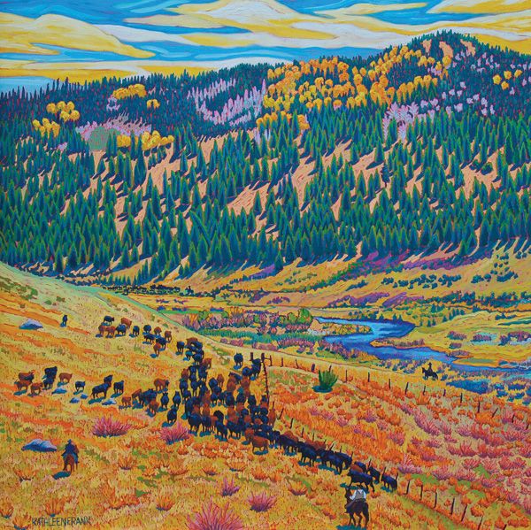 Kathleen Frank, Roundup Along the Cumbres and Toltec III, oil, 50 x 50. 