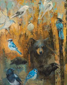 Mary Roberson, Corvids and Cub, oil, 50 x 40