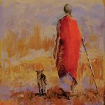 Mary Roberson, Maasai Man With His Dog, oil, 12 x 9.