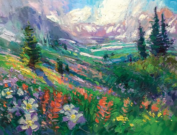 Don Sahli, Columbines, Colorado Garden, Mosquito Pass, oil, 30 x 40.