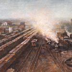 Todd A. Williams, Long Pine Railroad Yard, 1911, Brown County, oil, 10 x 16.