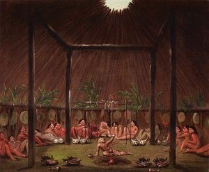 George Catlin, Interior of the Medicine Lodge, Mandan O-kee-pa Ceremony (1832), oil, 23 x 28. 