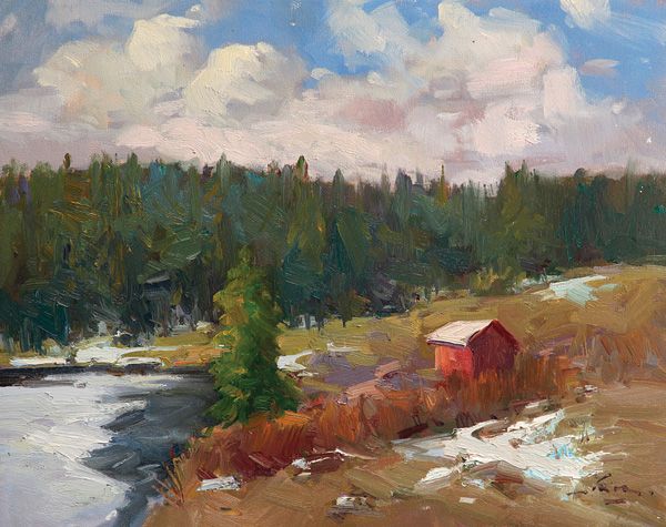 Guido Frick, Mountain and Red Shed, oil, 16 x 20.