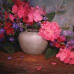Justin Clements, Pink Geraniums, oil, 12 x 16.