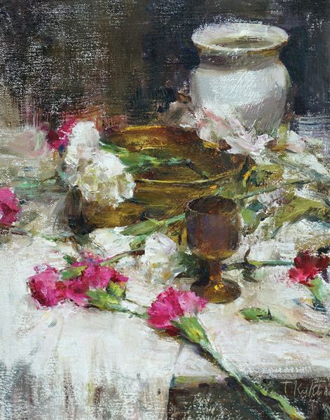Taisia Kuklina, Still Life With Carnations, oil, 12 x 9.
