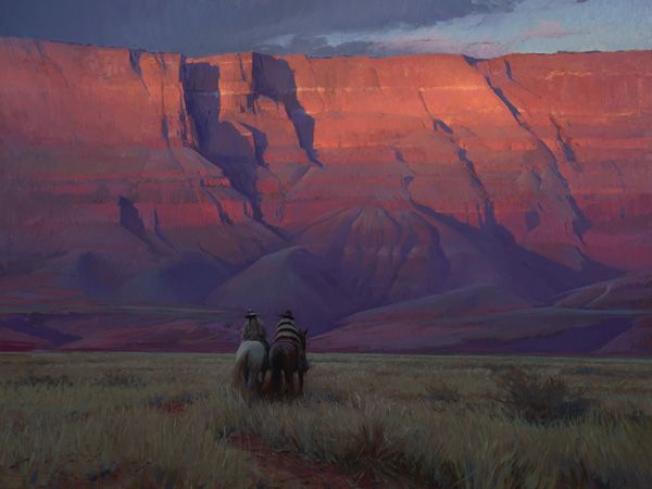 Jeremy Lipking, Riders Under Vermilion Cliffs, 2015, oil, 30 x 40, collection of Michael and Judy Lombard.