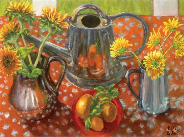 Patti Robbins, Fruit, Flowers & Watering Cans, oil, 30 x 40.