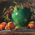 Pamela C. Newell, Green Vase and Fruit, oil, 14 x 18.