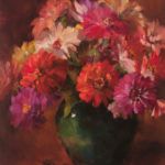 Pamela C. Newell, Green Vase and Zinnias, oil, 16 x 12.