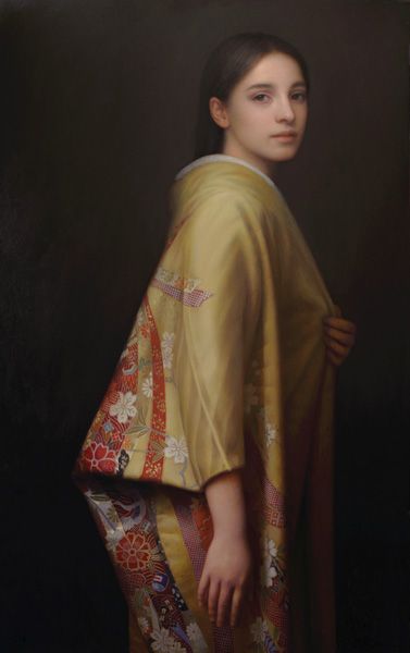 Yuehua He, Girl Wearing Yellow Kimono, oil, 48 x 30.
